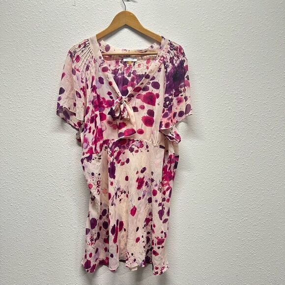 Calvin Klein Pink Floral Tie Front Short Sleeve Semi Sheer Top Plus Size 3X - Picture 1 of 15